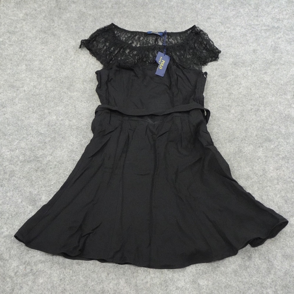 Polo Ralph Lauren Dress Womens 6 Lace Top Black Belted Lined Sleeveless Shift F